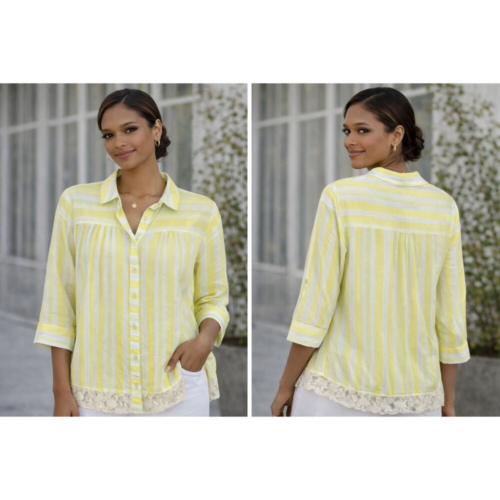 Anthropologie Edme & Esyllte Sunlit Stripes Lace Hem Shirt Top Size 6 Yellow